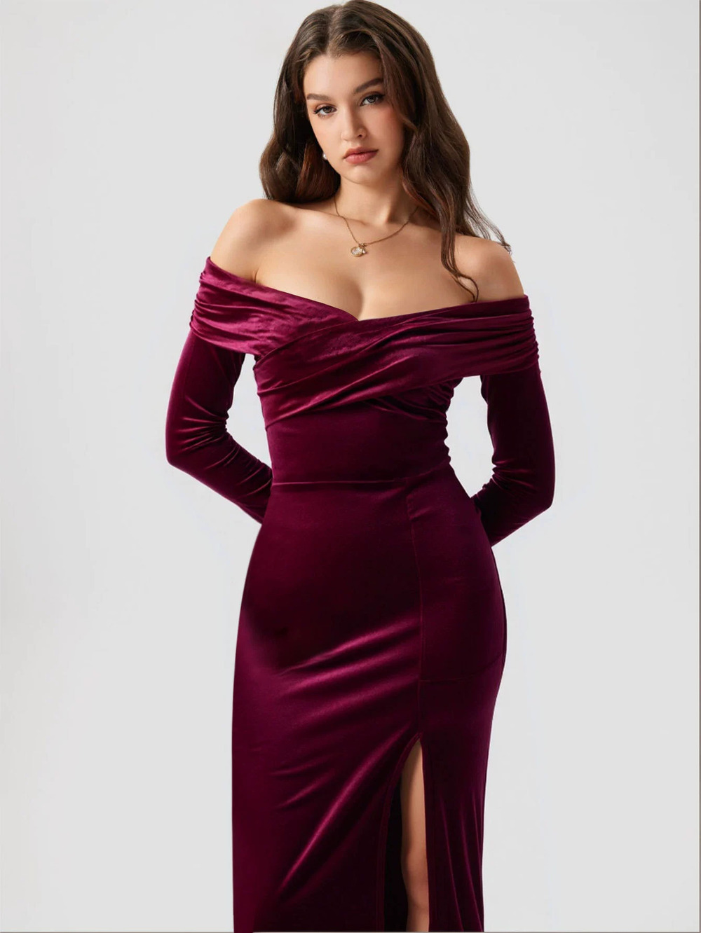 ZARA Velvet Bodycon Maxi Dress Cross Front Off Shoulder Slit